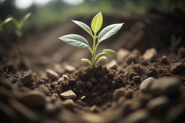 A small plant with green leaves sprouting from the soil.