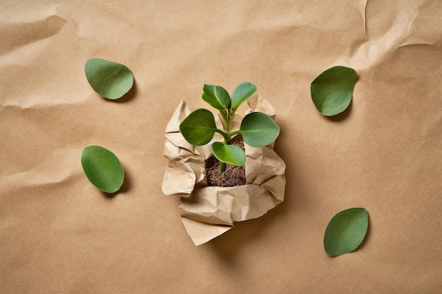 Foto una piccola pianta con le foglie su una carta marrone