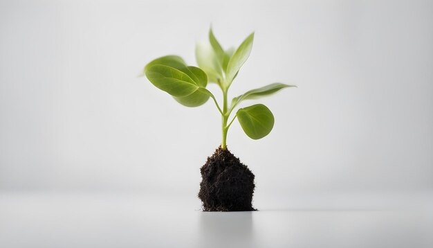 写真 白い背景の上に土を持つ小さな植物