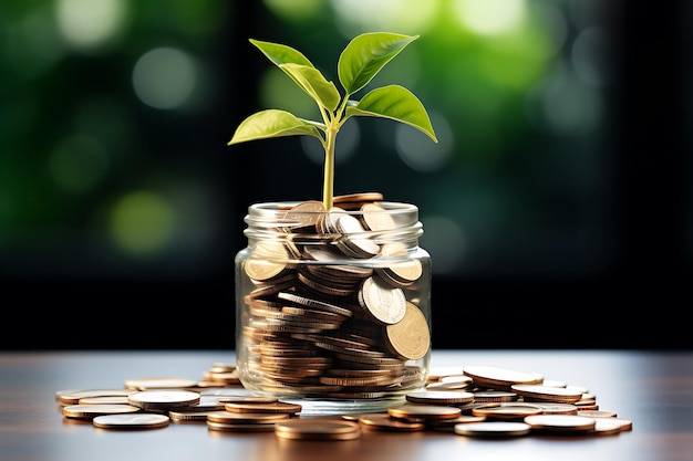 Small plants growing inside a pile of coins Showing a concept of savings and investment