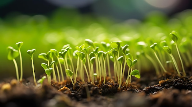 Foto crescita di piccole piante dal terreno con la luce solare ai generativa