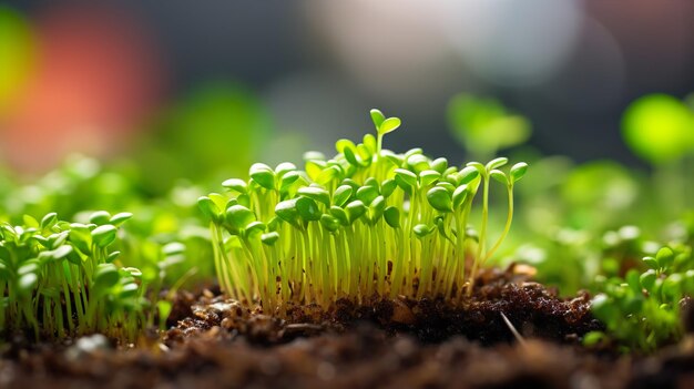 太陽光を受けて小さな植物が地面から成長する 生成AI