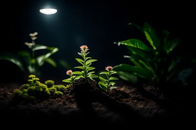Foto una piccola pianta si siede in una stanza buia con una luce sullo sfondo