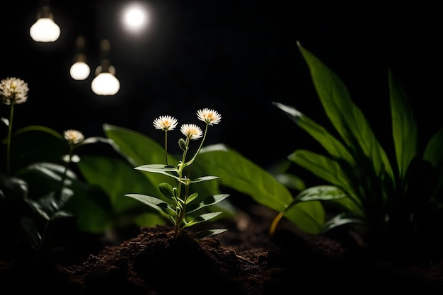 Photo a small of plants sits in a dark room with a light in the background