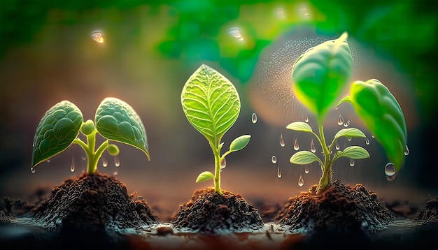 Small plants that have just grown are very fresh watered Generate AI