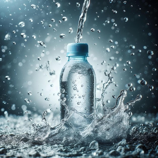 Small plastic water bottle with blue water splash background