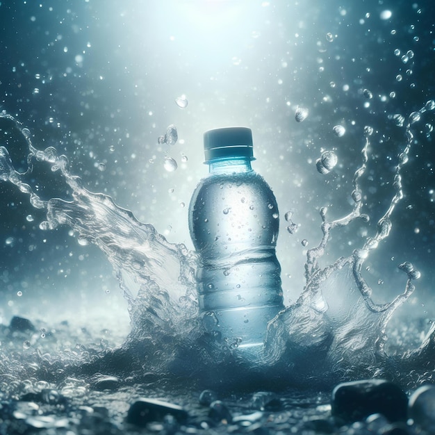 青い水のスプラッシュの背景の小さなプラスチック製の水瓶