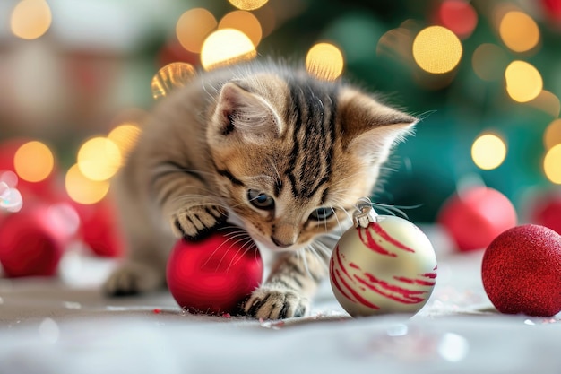 A small and playful kitten engaging with various Christmas ornaments on a festive background An adorable Christmas kitten playing with ornaments AI Generated