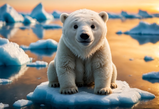 Small polar bear sits on an ice floe in the ocean Generative AI
