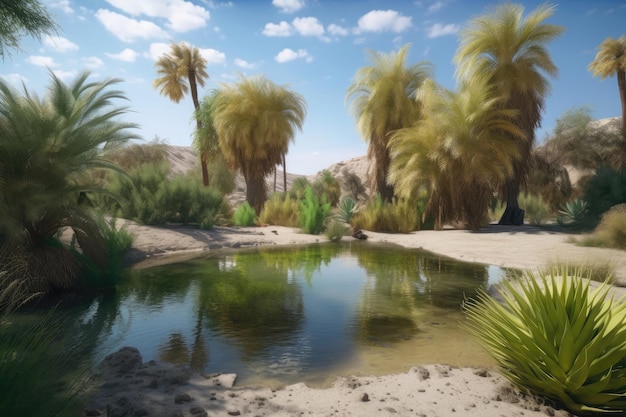 야자수와 푸른 하늘이 있는 사막의 작은 연못