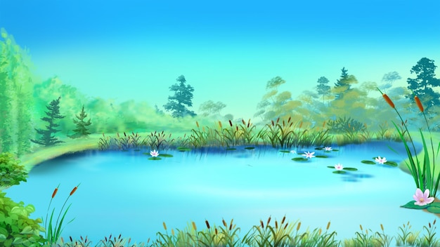 Small pond with lilies and reeds on a sunny day digital painting background illustration