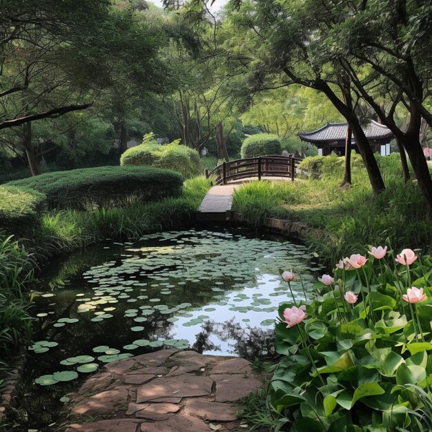 Photo a small pond with pink flowers and a bridge in the background.