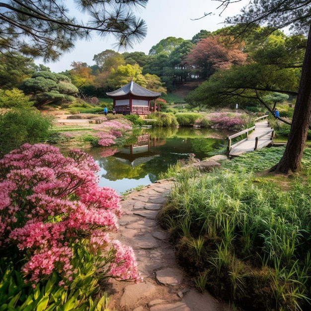 前景にピンクの花が咲く小さな池