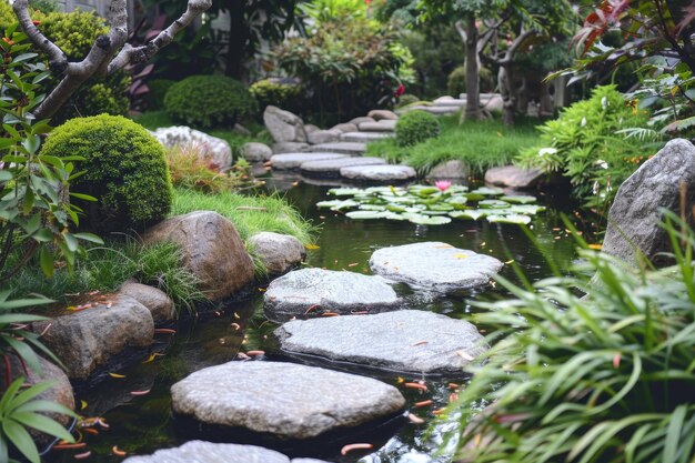 Photo a small pond with rocks and grass surrounding it