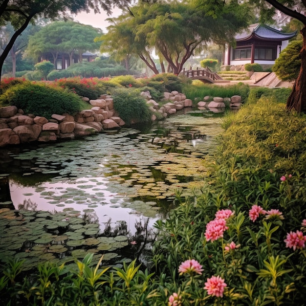 A small pond with a small pond and a house in the background.