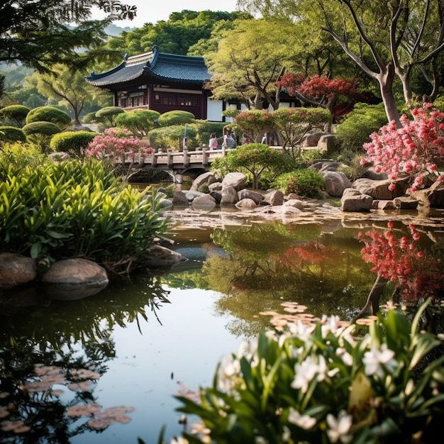 A small pond with a small pond and a small building in the background.