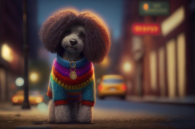 A small poodle dog in a multicolored sweater sits on the road in the night city Generative AI