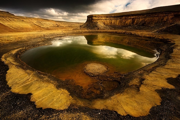 a small pool of water in a desert landscape