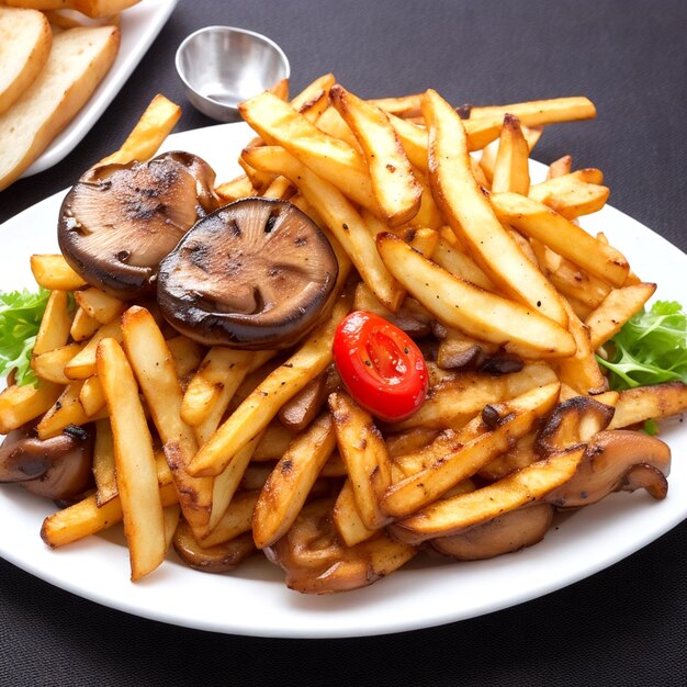 Small portion of grilled mushroom and fries