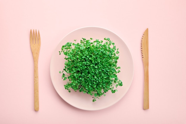 Foto piccola porzione di microgreen su un piatto. concetto di dieta e perdita di peso.