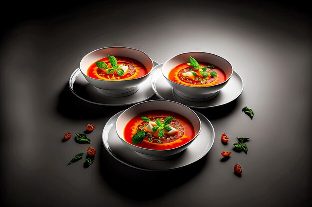 Small portions of spanish gazpacho in white plates on dark background