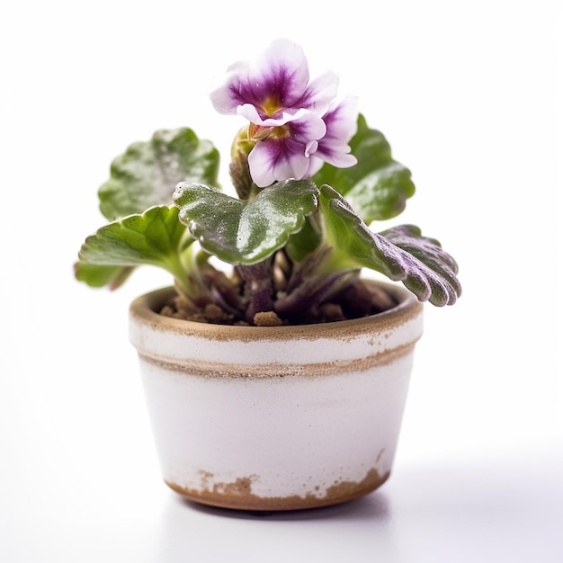 A small pot with a plant in it that is white and has a purple flower.