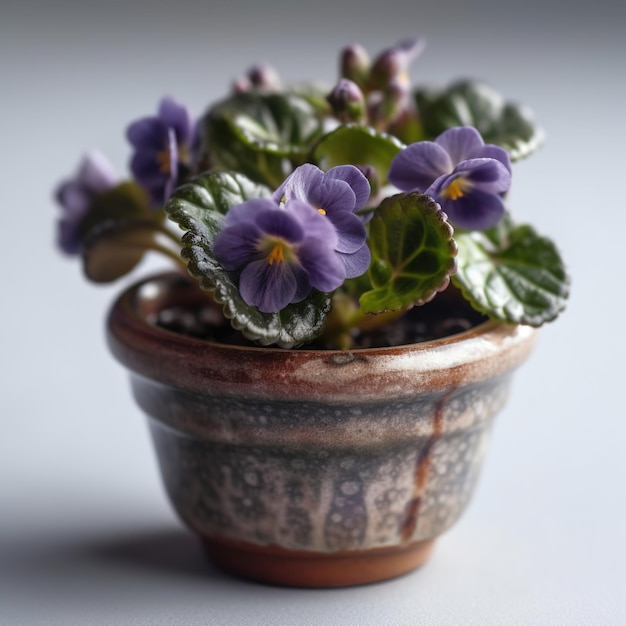 A small pot with a purple flower in it