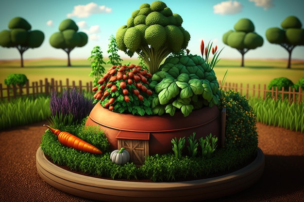 Small pot with vegetable garden growing on field with vegetable gardens created with generative ai