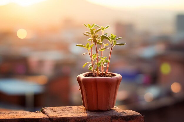 Photo small potted plant sits on ledge in front of blurred cityscape at sunset