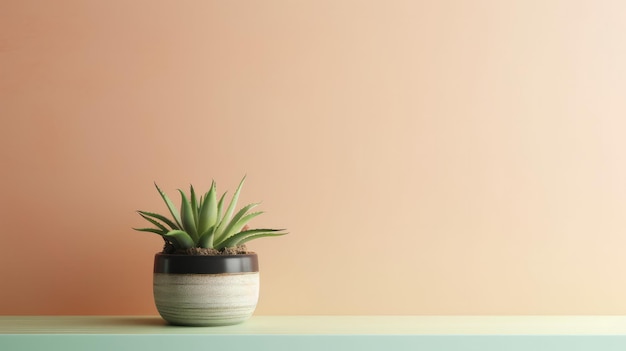 A small potted plant sits on a shelf in front of a peach wall.