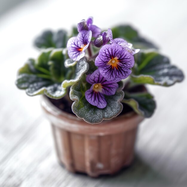 A small potted plant with purple flowers in it.