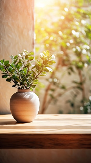 A small potted plant on a wooden table