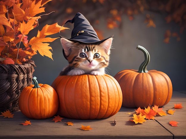 A small pretty kitten in a witch's hat lies on a pumpkin on an autumn orange background