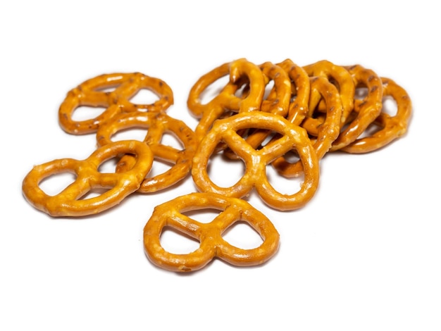 Small pretzels on a white background Baking for tea Crispy biscuits