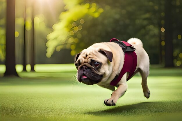 A small pug dog in a pine autumn forest on a walk mops