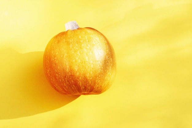 Small pumpkin and beautiful sunlight and shadows on yellow color paper Autumnal holiday concept fall