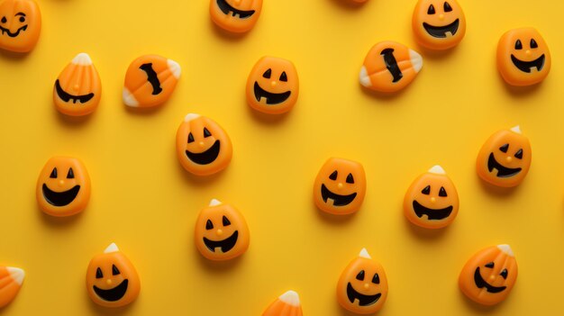 Small pumpkins and candy corn halloween sweets on yellow background