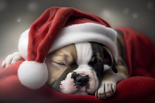 Small puppy dog sleeping in red santa hat