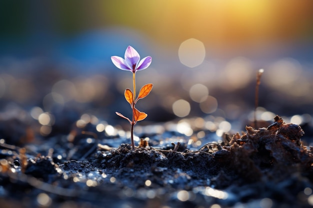 a small purple flower is growing out of the ground