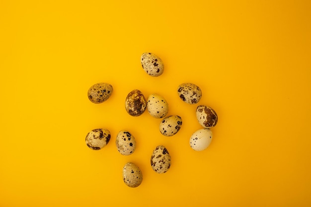 Small quail eggs lie on a yellow background, minimalism for advertising