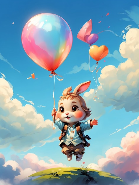 Photo a small rabbit holding colorful balloons against a blue sky backdrop