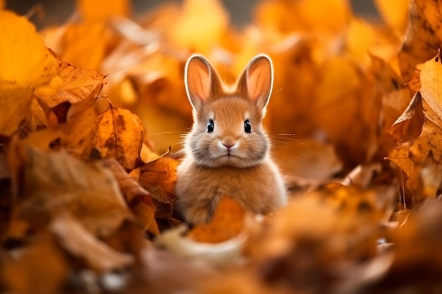 маленький кролик сидит в куче листьев