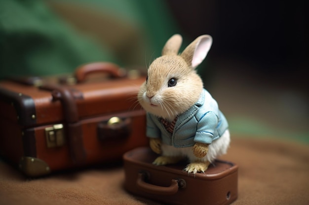 A small rabbit wearing a blue jacket