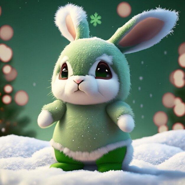 Маленький кролик в шляпе Санты на зимнем фоне