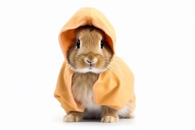 a small rabbit wearing a yellow hoodie