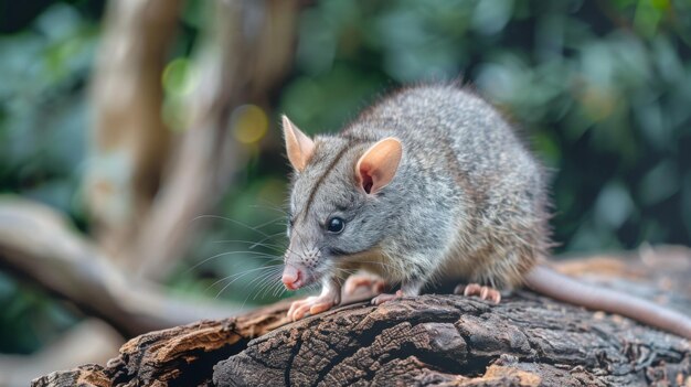 木 の 幹 の 上 に 座っ て いる 小さな ネズミ