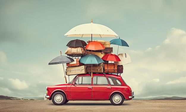 a small red car carrying suitcases under a white umbrella in the style of piles stacks