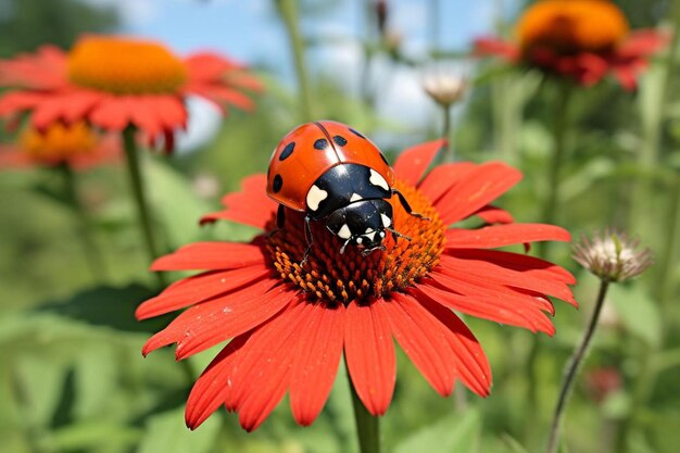 Photo small red daisy flower ladybug bug ladybird nature floral insect macro