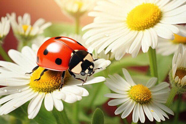 Photo small red daisy flower ladybug bug ladybird nature floral insect macro