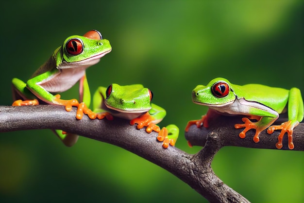 Small red eyed tree frog on thin branch